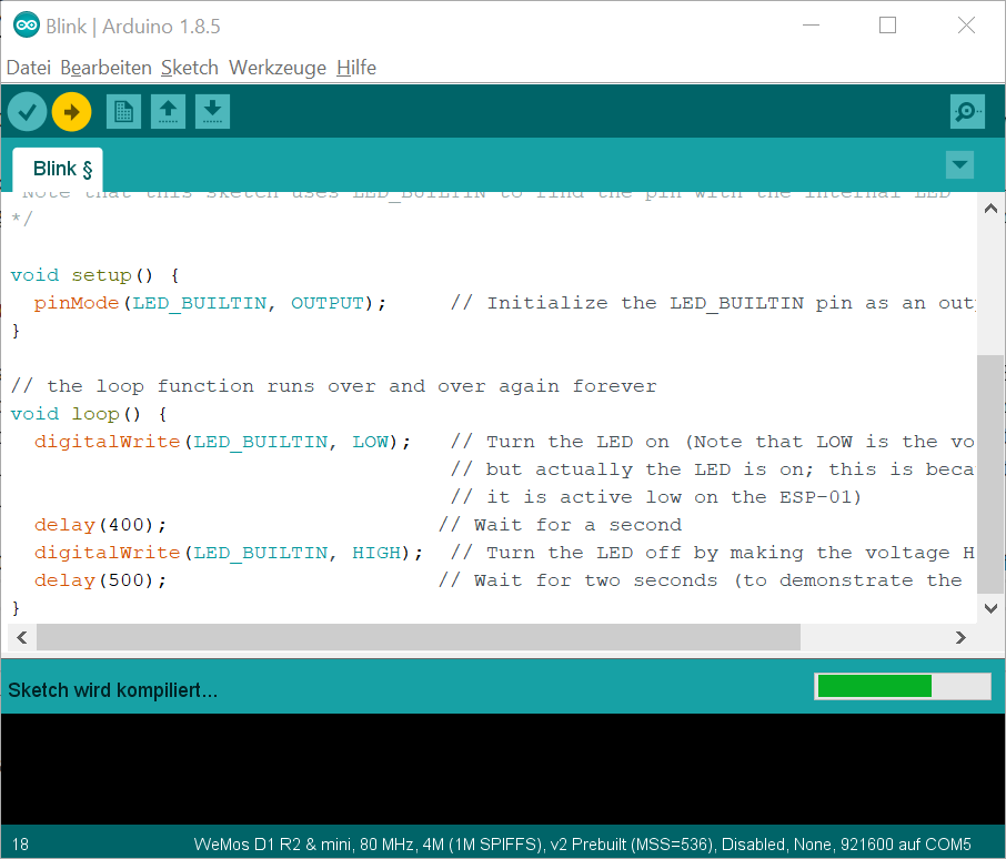Arduino IDE kompiliert Blink Beispiel