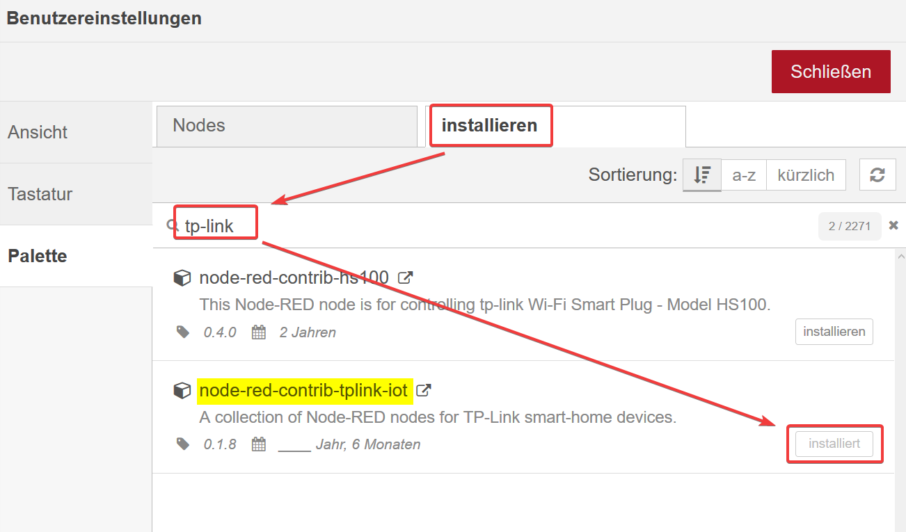 Node-Red: Paket node-red-contrib-tplink-iot installieren