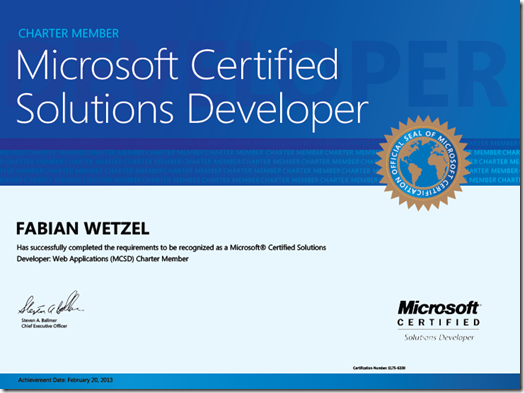 [Certificate] Microsoft Certified Solutions Developer: Web Application